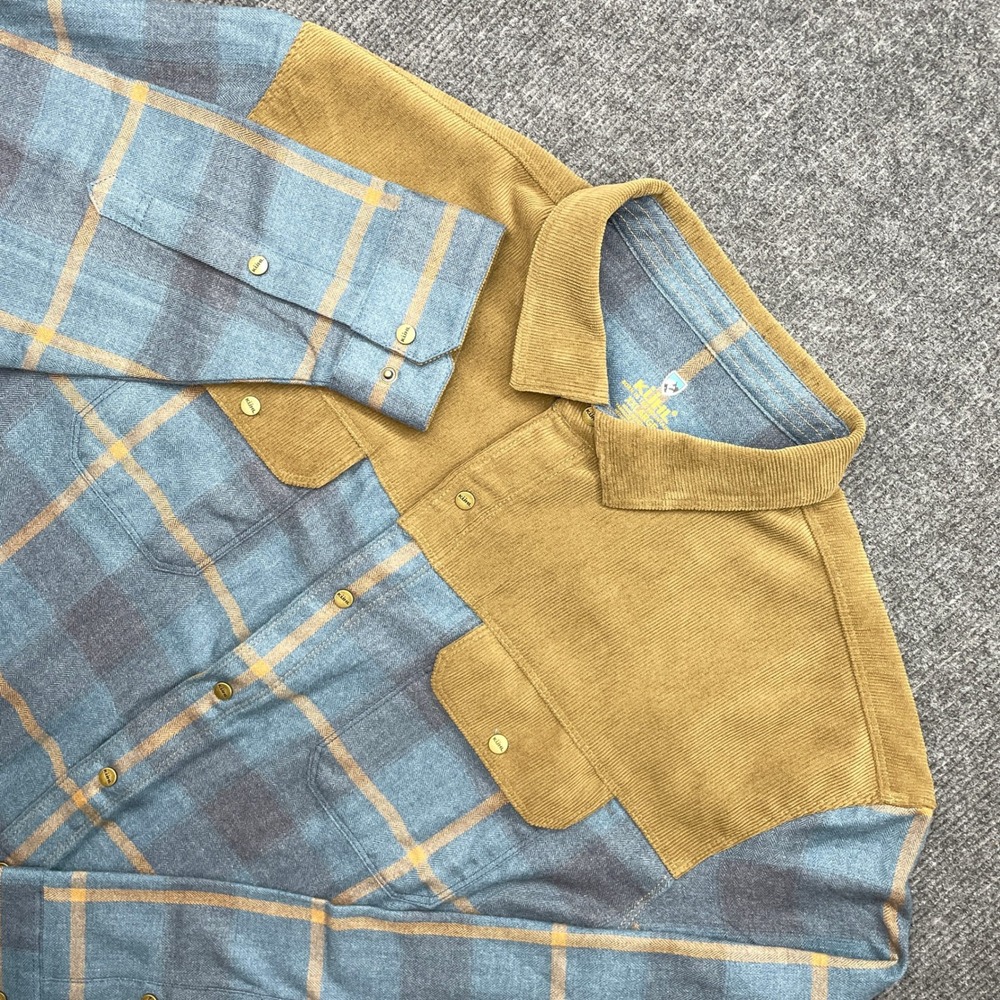 KUHL Joyrydr Flannel Shirt Jacket Blue Tan Plaid Corduroy XL Vintage Style